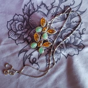 Sterl Slvr Double butterfly amber & jade pendant